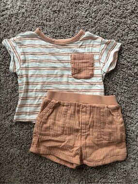 cloud island White and Peach Striped Top with Peach Shorts Kids Matching Set
